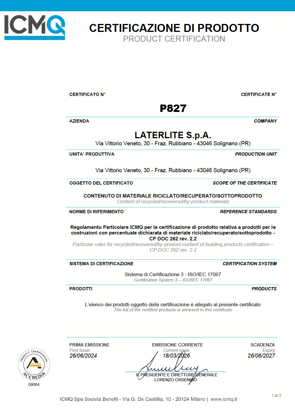 Certificato per i CAM_Rubbiano (PR) Scad 2027