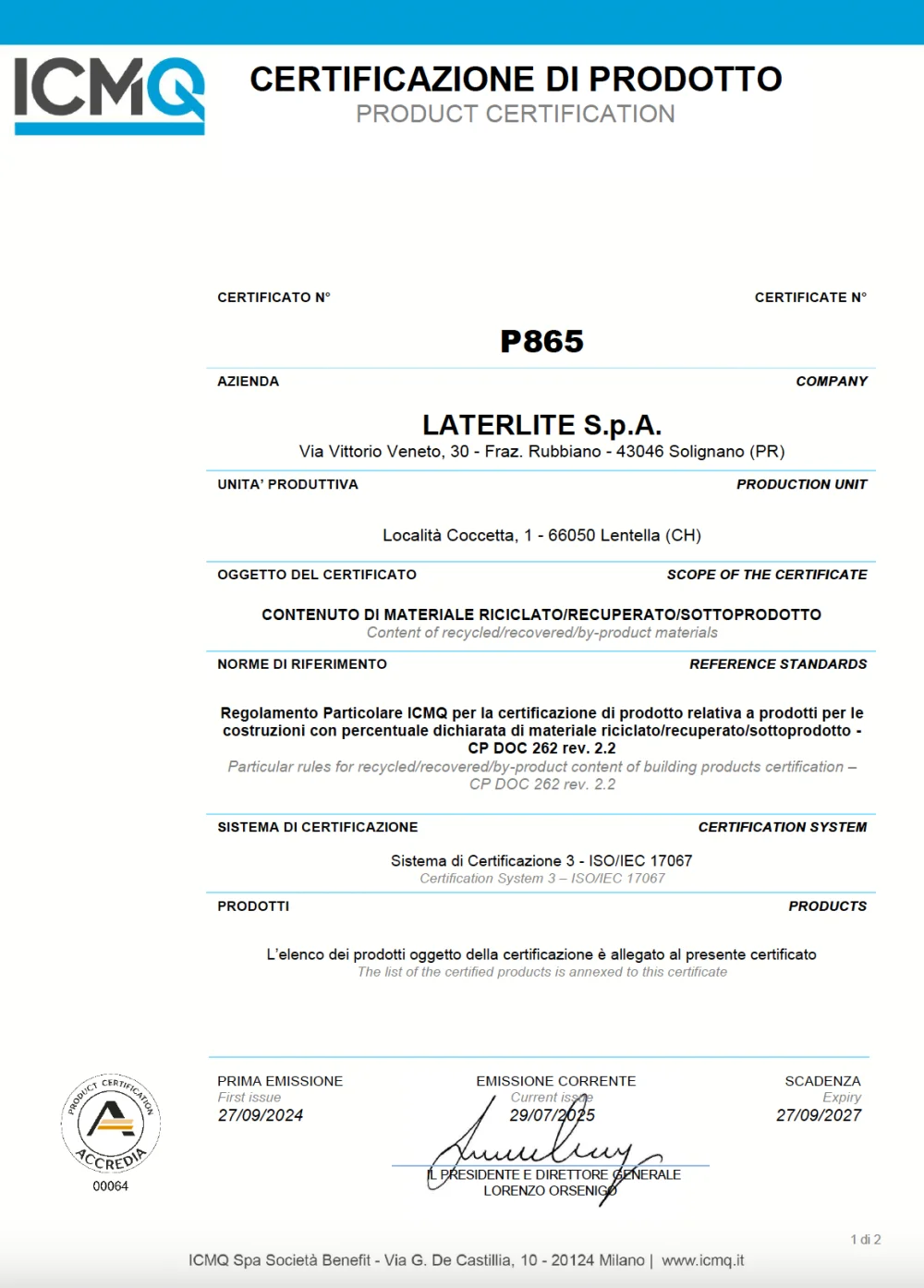 Certificato per i CAM_Lentella (CH)