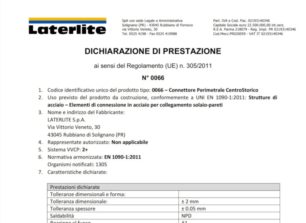 Dichiarazione di Prestazione n 0066 - Connettore Perimetrale CentroStorico